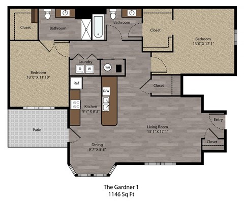 Floor plan for 2 beds, 2 baths, 1146 sqft